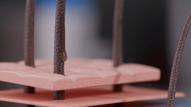 Slow motion drop of oil flows down hair to repair damage and care for scalp. Concept treatment cosmetic serum.