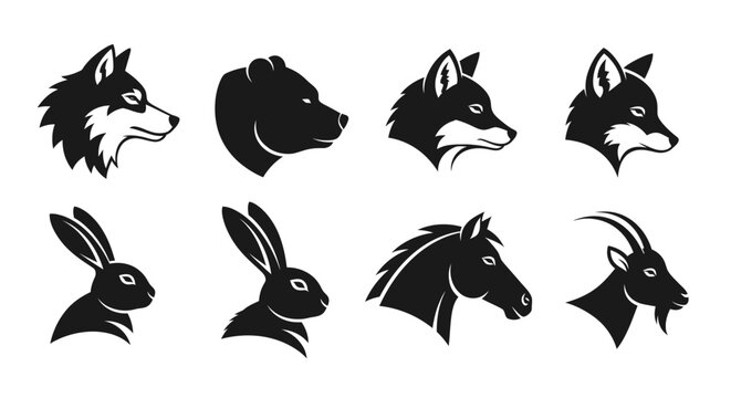 Collection of Black Silhouette Animal Heads Vector Art.