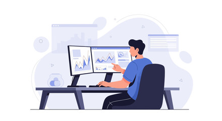 Fototapeta premium Man working on dual monitors with financial charts, data analysis, remote work