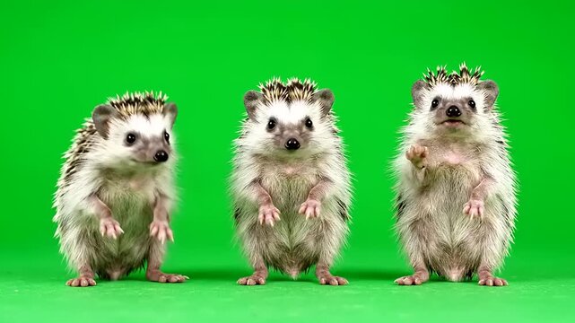 Three adorable small hedgehogs standing in a row on a vibrant green background, looking curiously at the camera, showcasing their charming and spiky appearance in a studio setting