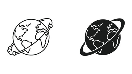Black and white line art earth icons with rings on isolated white background © SHAHRIYAR RASEL