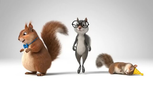 A charming group of diverse animated squirrel characters showcasing different personalities and expressions on a clean background, perfect for playful storytelling projects