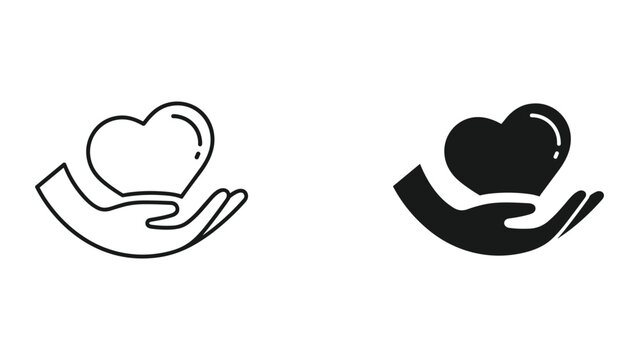 Black and white hand holding heart icons in line and solid styles isolated on white background