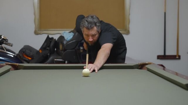 Close-up of a Man Playing Billiards and Pocketing a Ball