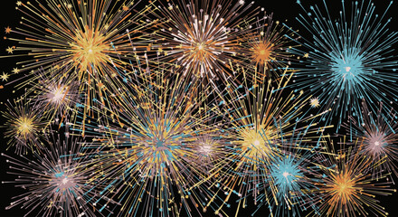 Fototapeta premium Vibrant fireworks exploding in various colors against a dark night sky with a shallow depth of field.