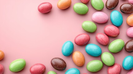 Obraz premium Colorful Candy-Coated Chocolate Eggs on Pink Background for Festive Occasions
