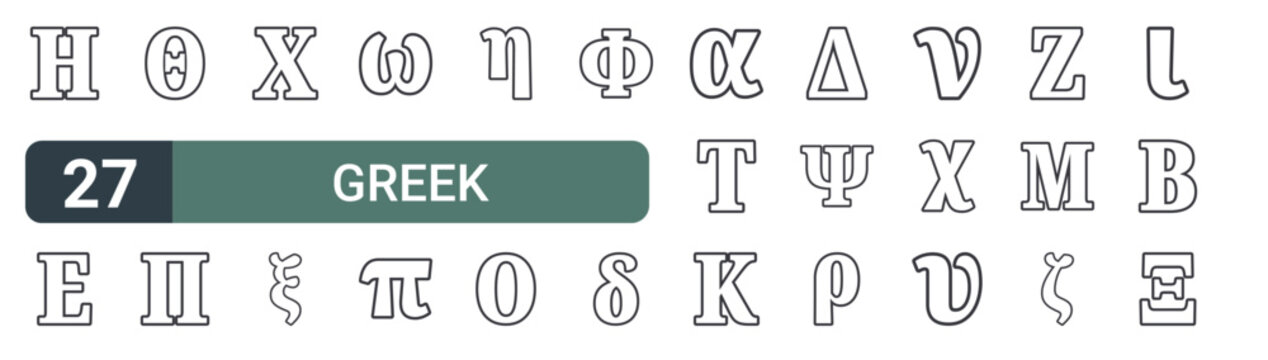 set of 27 thin line greek alphabets icons for web, mobile and digital interfaces including eta, epsilon, theta, pi, chi, xi, omega, pi and eta. editable stroke vector
