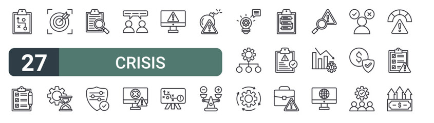 Fototapeta premium set of 27 thin line crisis management icons for web, mobile and digital interfaces including strategy, assessment, target, time management, investigation, security control, feed back, error and