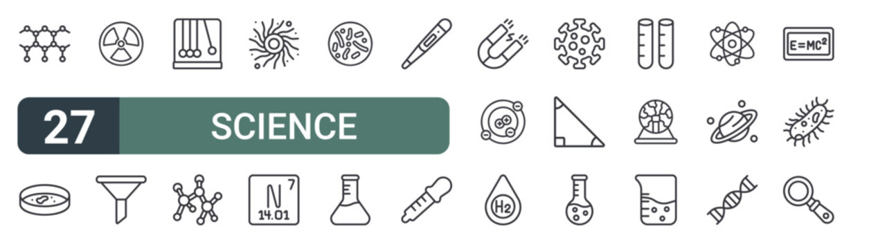 set of 27 thin line science icons for web, mobile and digital interfaces including molecule, petri dish, nuclear, funnel, newton cradle, molecule, black hole, nitrogen and probiotic. editable stroke