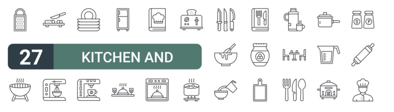 set of 27 thin line kitchen and cooking icons for web, mobile and digital interfaces including cheese grater, grill, chop, electric mixer, plates, coffee maker, refrigerator, dinner and recipe book.