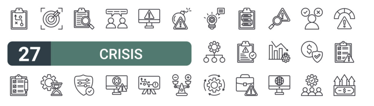 set of 27 thin line crisis management icons for web, mobile and digital interfaces including strategy, assessment, target, time management, investigation, security control, feed back, error and
