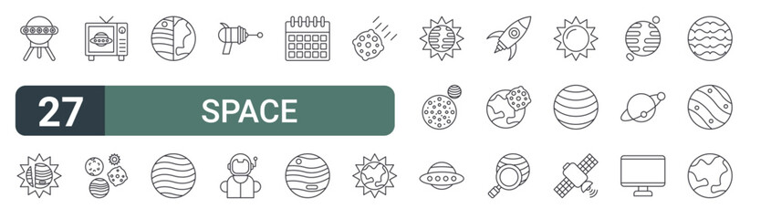 set of 27 thin line space icons for web, mobile and digital interfaces including sputnik, sun, television, universe, eclipse, planet, blaster, astronaut and calendar. editable stroke vector © XS Works