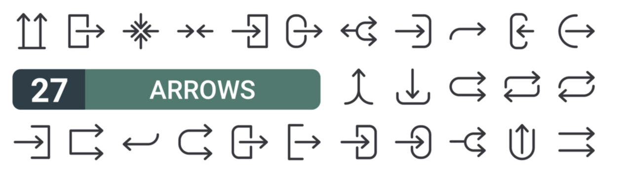 set of 27 thin line arrows icons for web, mobile and digital interfaces including up arrrows, login, login, two arrows, arrows, left arrow, arrow button, two and login. editable stroke vector