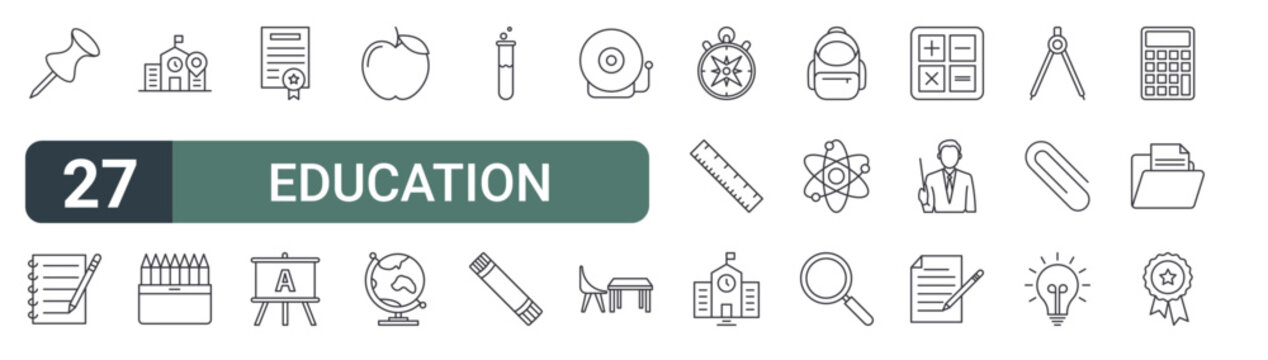 set of 27 thin line education icons for web, mobile and digital interfaces including pin, note book, school, colors, certificate, white board,, world globe and test tube. editable stroke vector