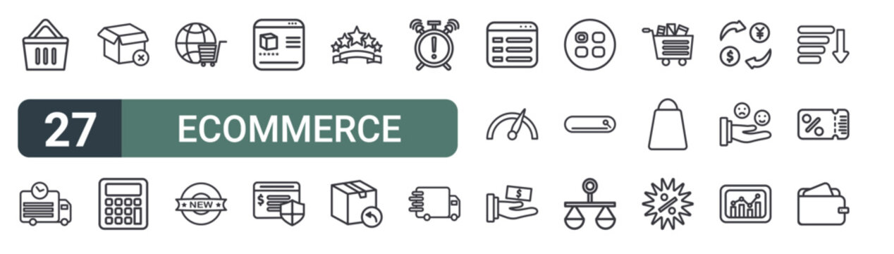 set of 27 thin line ecommerce icons for web, mobile and digital interfaces including basket, shipping, out of stock, calculator, online shop, new arrival, featured, secure transactions and star