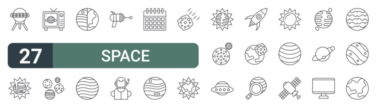 set of 27 thin line space icons for web, mobile and digital interfaces including sputnik, sun, television, universe, eclipse, planet, blaster, astronaut and calendar. editable stroke vector
