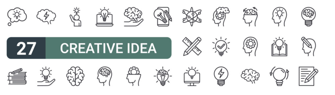 set of 27 thin line creative idea icons for web, mobile and digital interfaces including creative bulb, creative book, brain power, bulb, person, brain, light bulb, brain and editable stroke vector