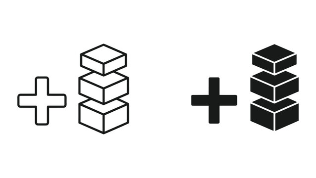 Black and white 3d cube plus sign icons for design elements isolated on white background