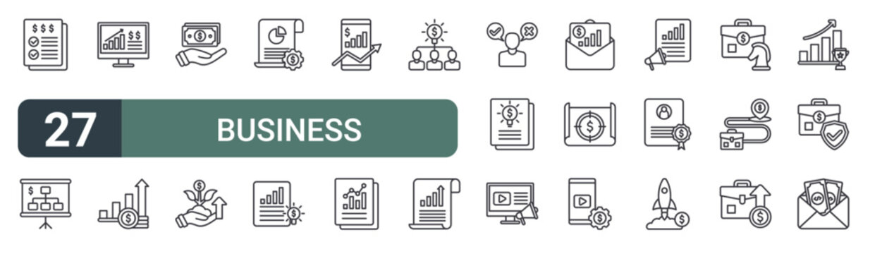 set of 27 thin line business development icons for web, mobile and digital interfaces including checlist, hierarchy, statistics report, financial profit, money, investment, financial report, idea