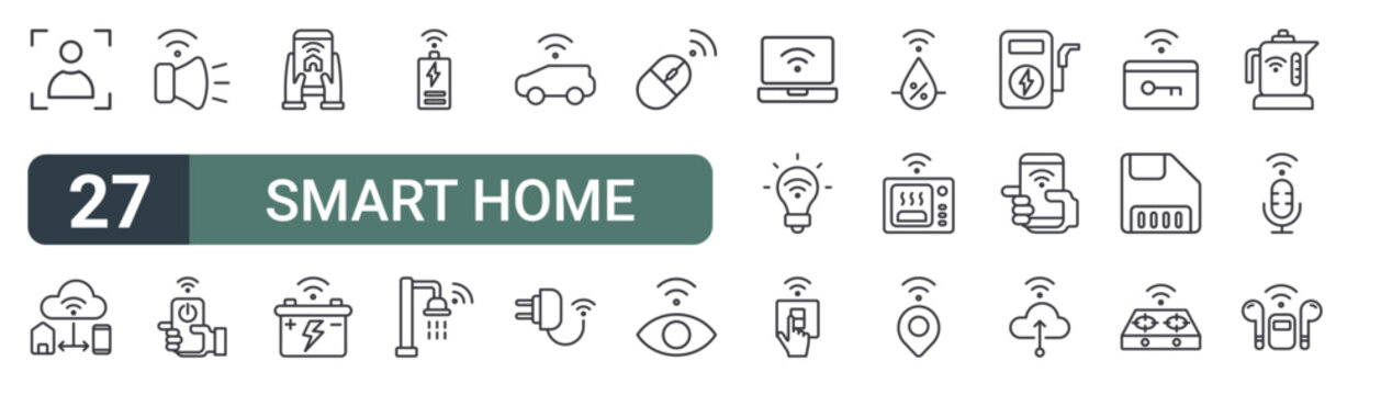 set of 27 thin line smart home icons for web, mobile and digital interfaces including scan, cloud database, smart speaker, smart control, home, battery, battery bar, shower and car. editable stroke