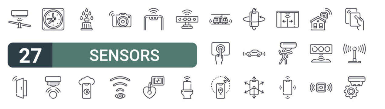 set of 27 thin line sensors icons for web, mobile and digital interfaces including tilr sensor, door, accelerometer sensor, proximity sensor, rain light photo camera, motion and phone. editable