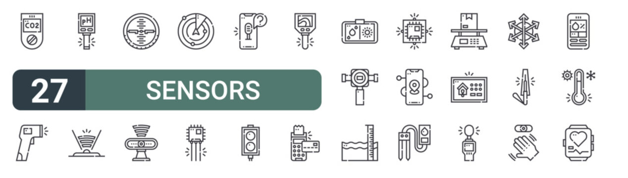 set of 27 thin line sensors icons for web, mobile and digital interfaces including gas detector, thermogun, ph meter, infrared, altitude, motion sensor, radar, sensor and voice search. editable