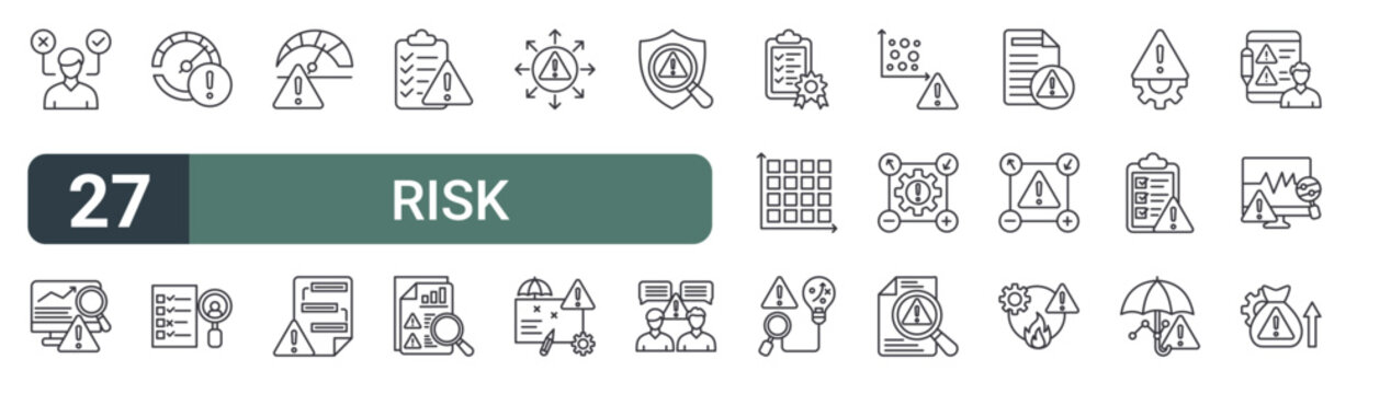 set of 27 thin line risk management icons for web, mobile and digital interfaces including decision making, monitoring, appetite, criteria, tolerance, prioritization, governance, risk analysis and