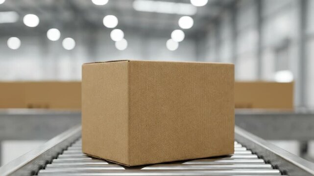 A cardboard box moves on a conveyor belt in a warehouse facility with industrial lighting.