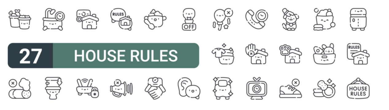 set of 27 thin line house rules icons for web, mobile and digital interfaces including garbage, no smoking, shower, toilet, rent, internet, house rules, no noise and cooking. editable stroke vector