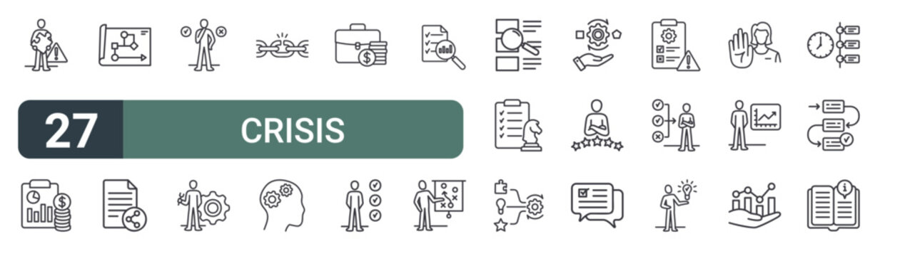 set of 27 thin line crisis management icons for web, mobile and digital interfaces including solution, finance calculation, flowchart, share post, decision making, mechanic guy, weakness, abilities