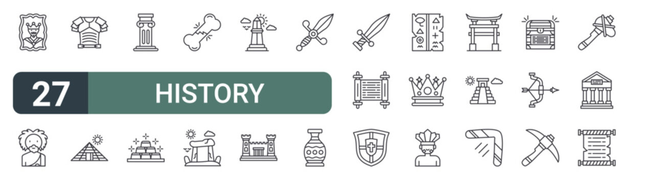 set of 27 thin line history icons for web, mobile and digital interfaces including painting, prehistoric man, armor, pyramid, pillar, gold, bone, stonehenge and obelisk. editable stroke vector