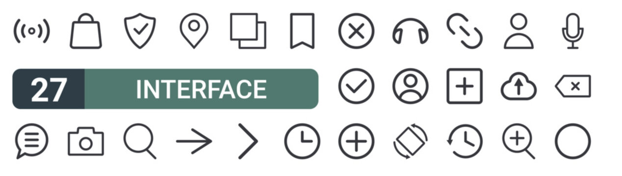 set of 27 thin line interface icons for web, mobile and digital interfaces including wifi connection, chat comment, shopping bag, camera, security, search, placeholder, arrows and layers. editable