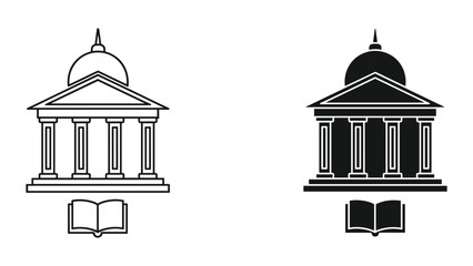 Obraz premium Black and white line icons of library buildings with open books