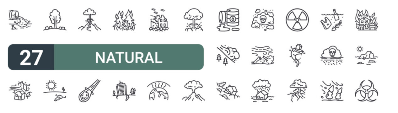 set of 27 thin line natural disasters icons for web, mobile and digital interfaces including waste water, cyclone, deforestation, desertification, volcanic eruption, meteor, forest fire, earthquake