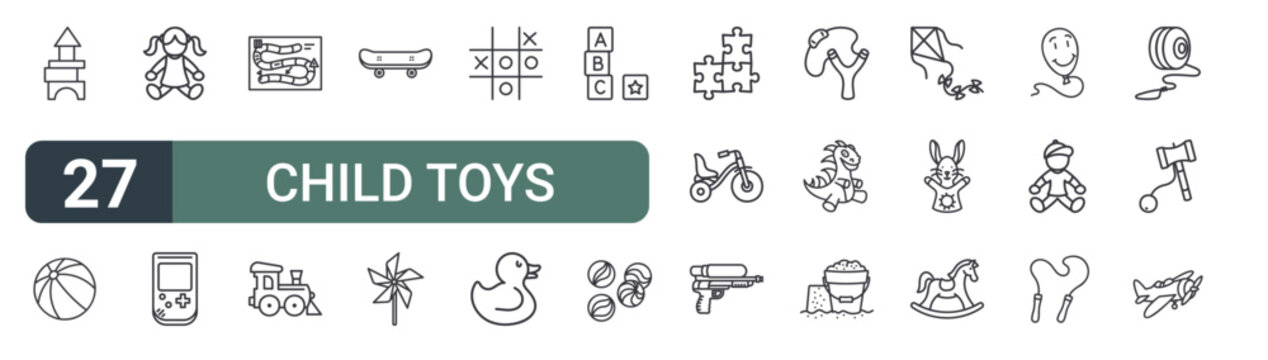 set of 27 thin line child toys icons for web, mobile and digital interfaces including wooden blocks, beach ball, doll, game console, board game, train toy, skate board, pinwheel and tic tac toe.