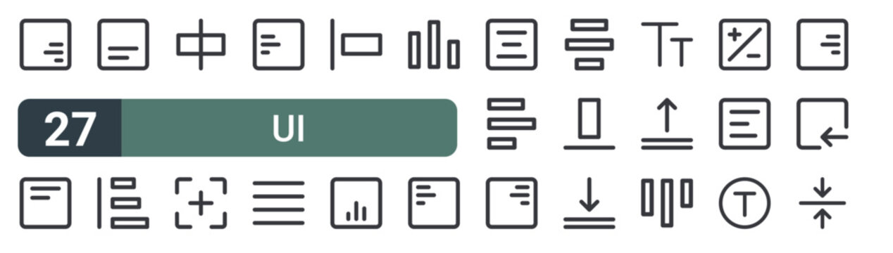 set of 27 thin line ui icons for web, mobile and digital interfaces including bottom alignment, top alignment, bottom alignment, left align, plus, bottom justify and left align. editable stroke