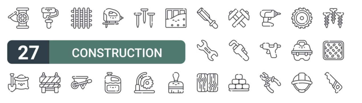 set of 27 thin line construction materials icons for web, mobile and digital interfaces including pipe, cement, paint roller, barrier, steel, wheelbarrow, fretsaw, canister and nails. editable