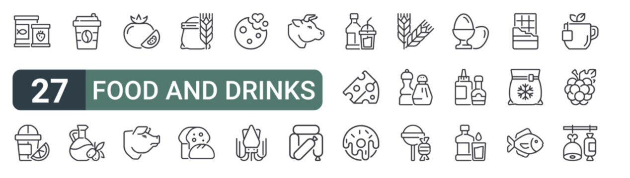 set of 27 thin line food and drinks icons for web, mobile and digital interfaces including canned food, lemonade, coffee, oil, tomato, pig, flour mill, bread and cookie. editable stroke vector