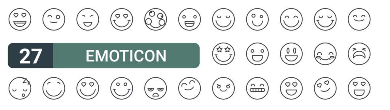 set of 27 thin line emoticon icons for web, mobile and digital interfaces including in love, sleepy, wink, happy, happy, in love, love, smile and crazy. editable stroke vector