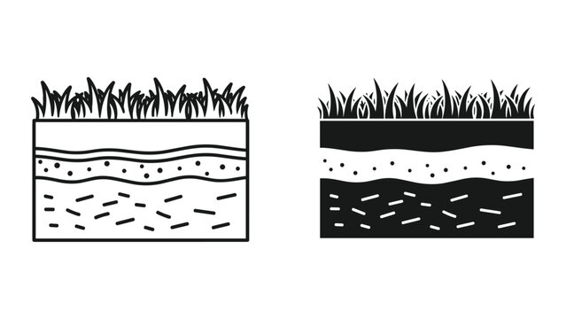 Vector illustration of soil layers with grass on top in black and white
