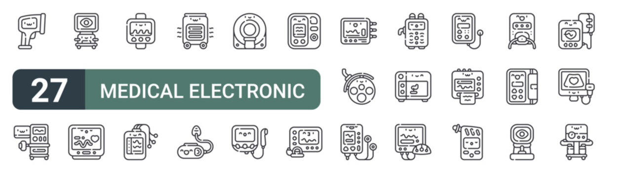set of 27 thin line medical electronic devices icons for web, mobile and digital interfaces including thermometer gun, anesthesia, phacoemulsification device, heart rate monitor, capnograph,