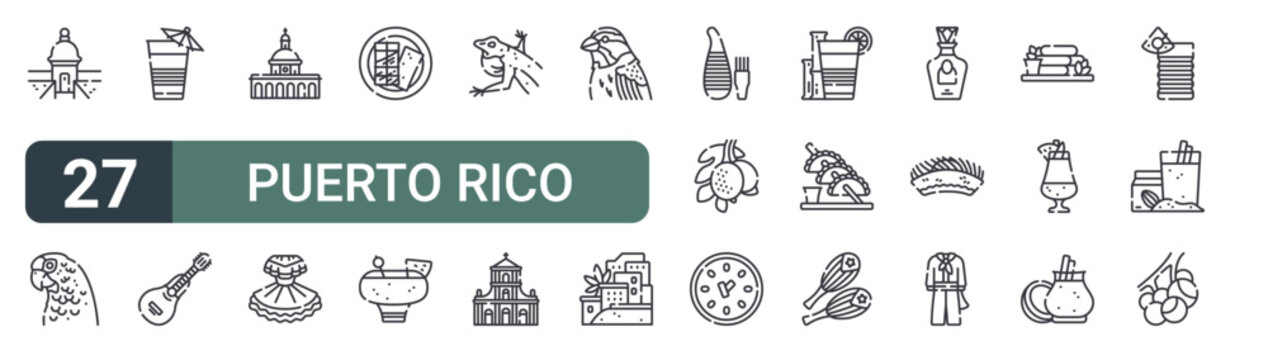 set of 27 thin line puerto rico icons for web, mobile and digital interfaces including monument, parrot, mavi, bordonua, cementery, dress, tamales, chi chi and emerald frog. editable stroke vector