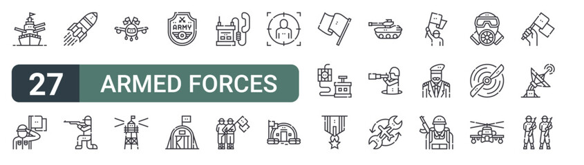 set of 27 thin line armed forces icons for web, mobile and digital interfaces including military ship, soldier saluting flag, rocket, shooting, airplane flag, observation post, armed forces, tent © XS Works