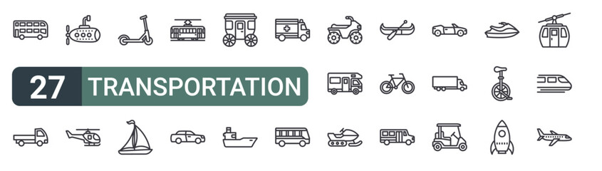 set of 27 thin line transportation icons for web, mobile and digital interfaces including double decker, pickup truck, submarine, helicopter, kick scooter, sailboat, tram, car and carriage. editable © XS Works
