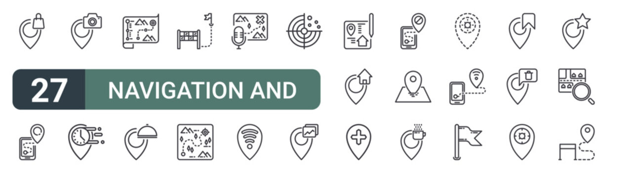 set of 27 thin line navigation and map icons for web, mobile and digital interfaces including shopping, loading, photo, rush hour, history, restaurant, start, target and microphone. editable stroke