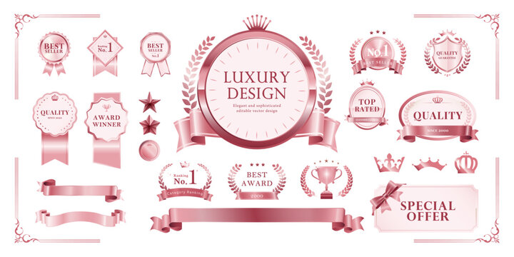 Rose Gold Badge and Label Set &ndash; Elegant Award Ribbon, Laurel Wreath, Crown, Trophy Icons | Luxury Vector