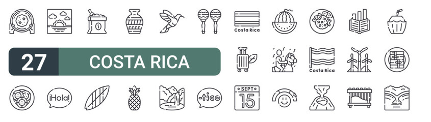set of 27 thin line costa rica icons for web, mobile and digital interfaces including gold rush, patacones, sun, hola, coffee, suroard, pottery, pine and hummingbird. editable stroke vector © XS Works