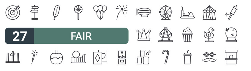 set of 27 thin line fair icons for web, mobile and digital interfaces including dart, ring toss,, sparkler, corn dog, caramelized, lollipop, roller coaster and balloons. editable stroke vector © XS Works