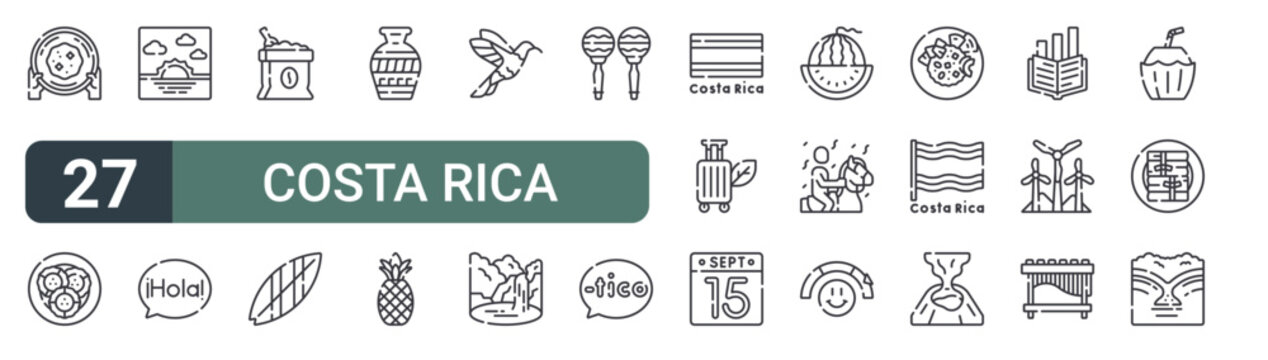 set of 27 thin line costa rica icons for web, mobile and digital interfaces including gold rush, patacones, sun, hola, coffee, suroard, pottery, pine and hummingbird. editable stroke vector