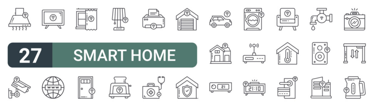 set of 27 thin line smart home icons for web, mobile and digital interfaces including kitchen hood, security camera, smart tv, semantic web, smart curtain, door, lamp, toaster and printer. editable